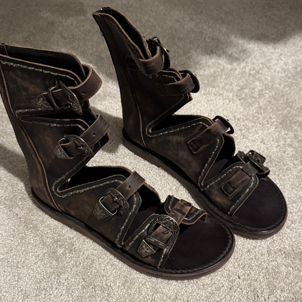 Distressed Brown Buckle Gladiator Sandals - Women's